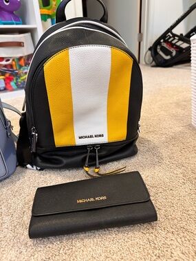 Michael Kors Black, Yellow & White Striped Mini Backpack with Matching Wallet